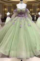 Sage Long Sleeve Ball Gown Dresses With Purple Flowers